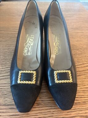 Salvatore Ferragamo Black Leather & Suede Pumps with Gold Rope Buckle